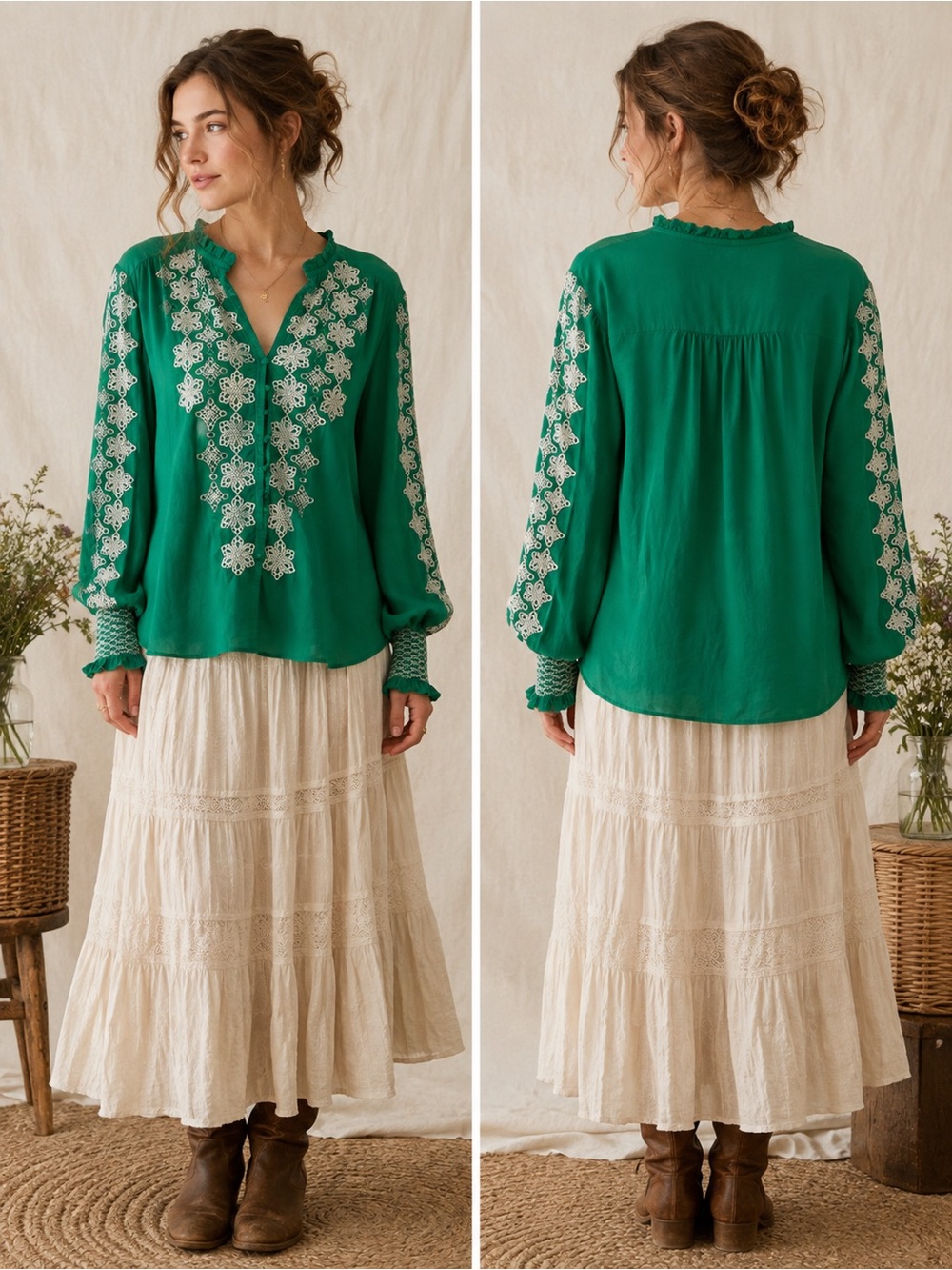 Gibson Latimer Emerald Green Boho Cottagecore Embroidered Peasant Blouse 2XL